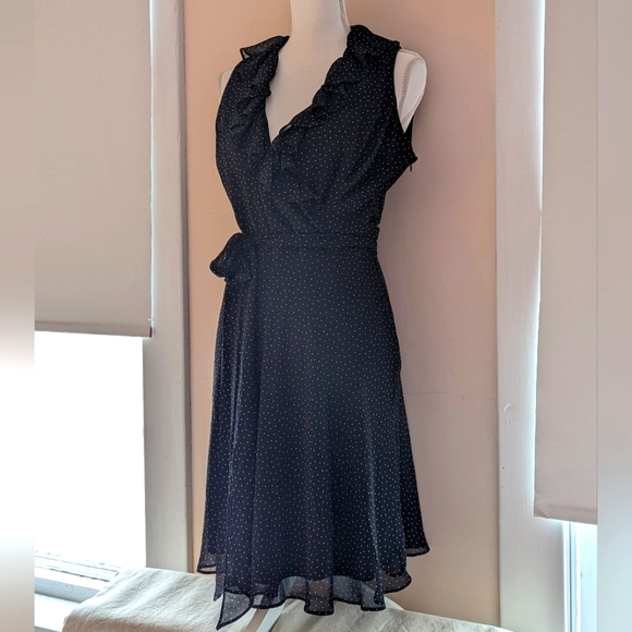 Chaps black polkadot dress wrap style ruffle collar tie sash belt NWT sz 6 - Picture 2 of 15